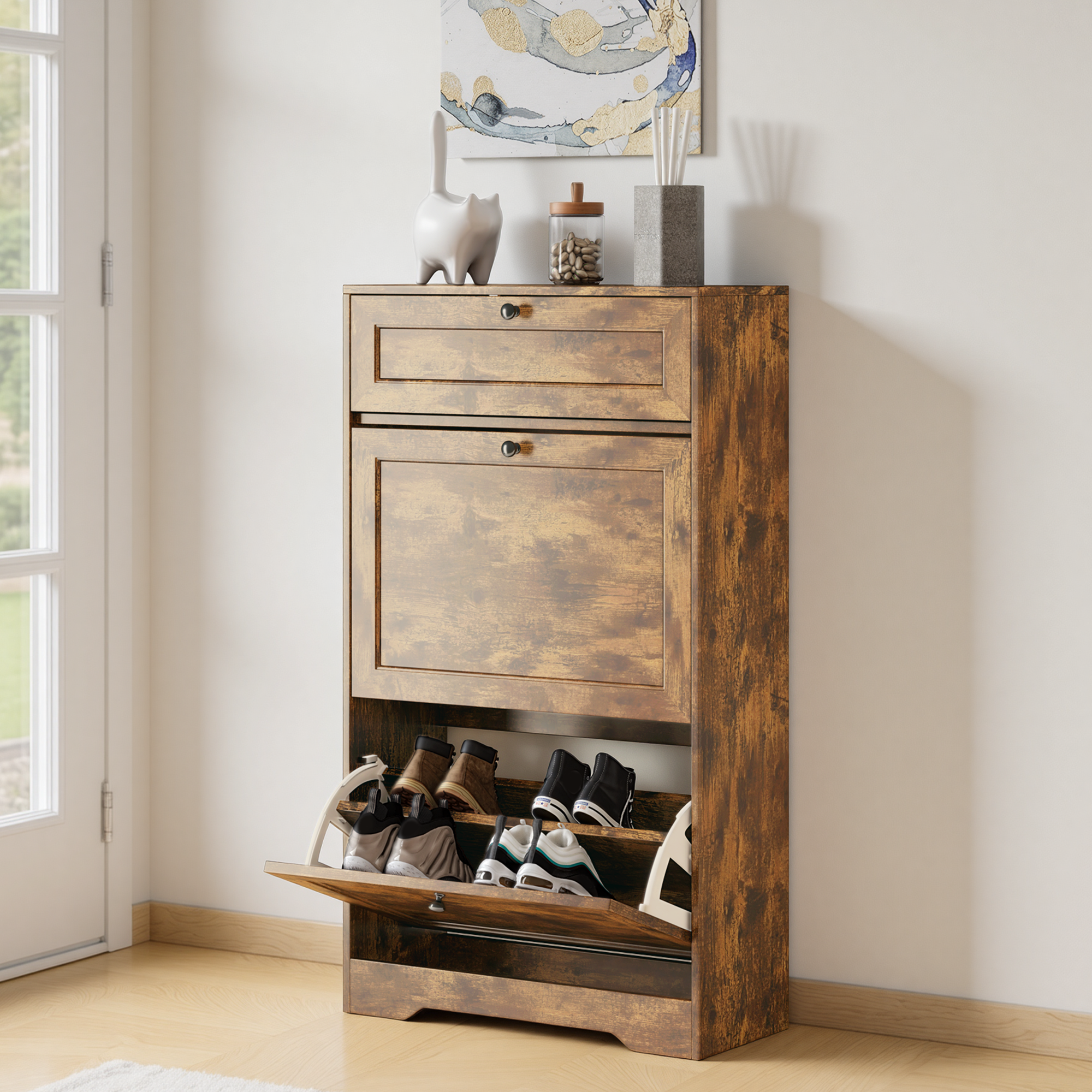 Bealife FS58 Schuhschrank mit 2 Kippfächern & Top- Schublade, Kippsicherung, höhenverstellbare Böden