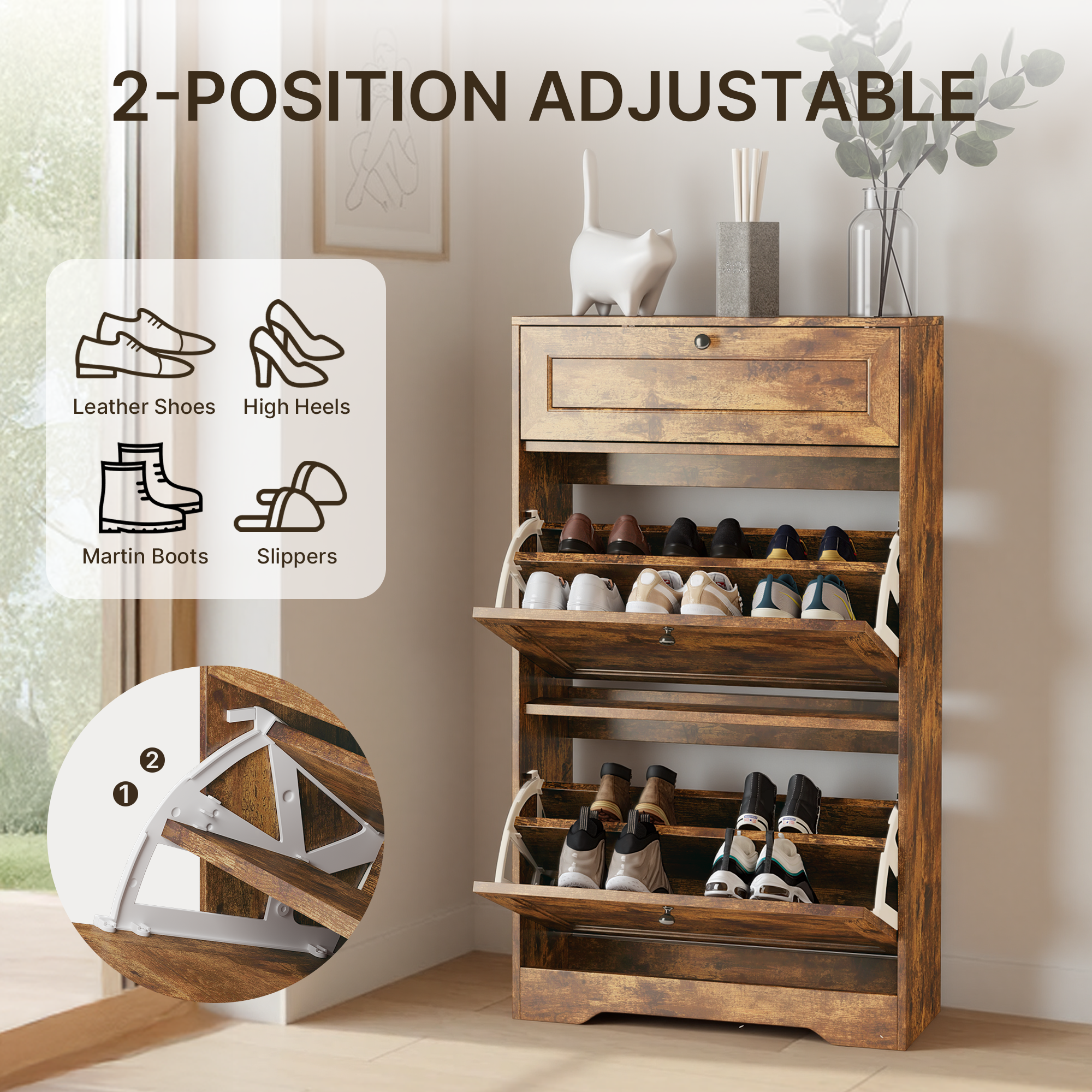 Bealife FS58 Schuhschrank mit 2 Kippfächern & Top- Schublade, Kippsicherung, höhenverstellbare Böden