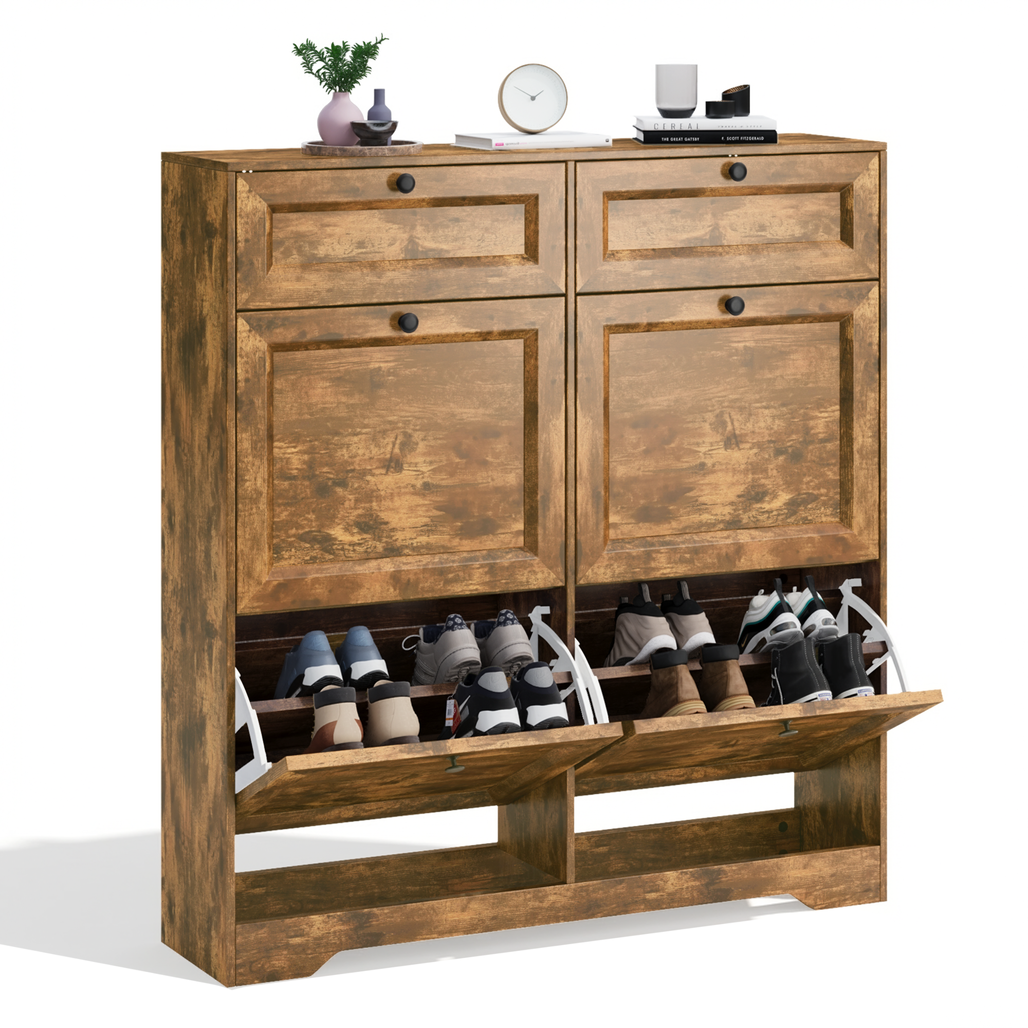 Bealife FS59 Schuhschrank mit 4 Kippfächern & 2 Schubladen, Kippsicherung und Höhenverstellbare Böden