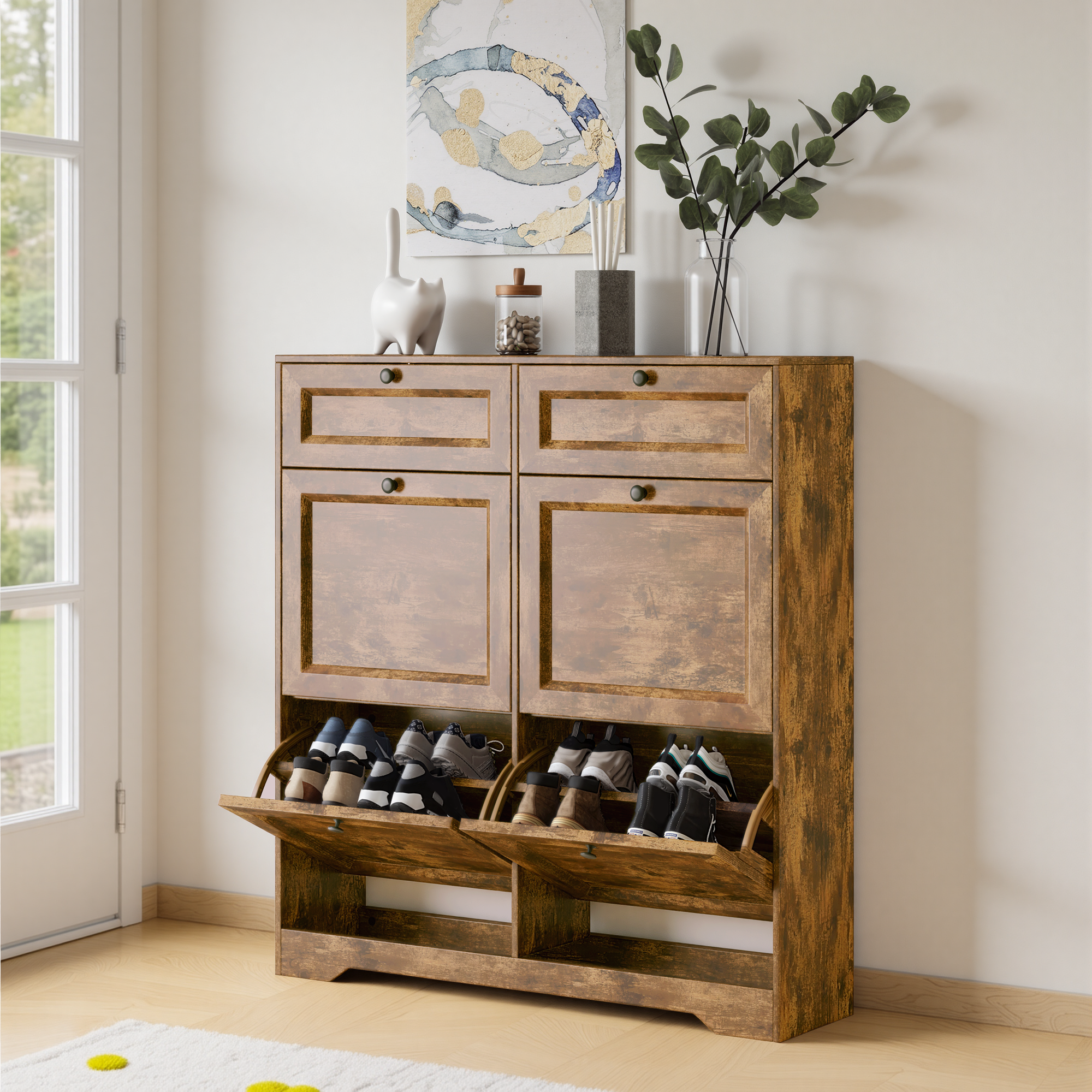 Bealife FS59 Schuhschrank mit 4 Kippfächern & 2 Schubladen, Kippsicherung und Höhenverstellbare Böden