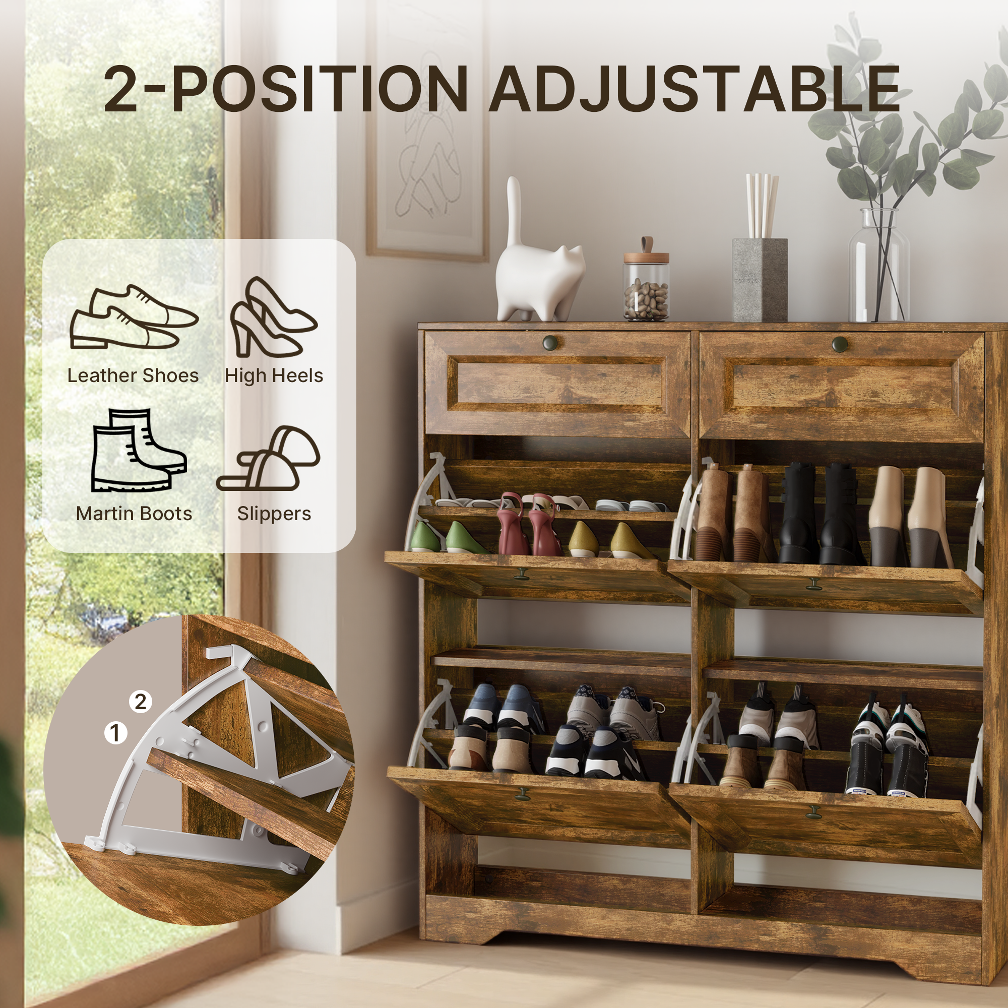 Bealife FS59 Schuhschrank mit 4 Kippfächern & 2 Schubladen, Kippsicherung und Höhenverstellbare Böden