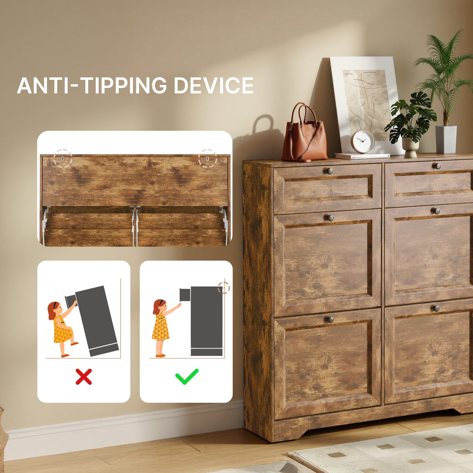 Bealife FS59 Schuhschrank mit 4 Kippfächern & 2 Schubladen, Kippsicherung und Höhenverstellbare Böden