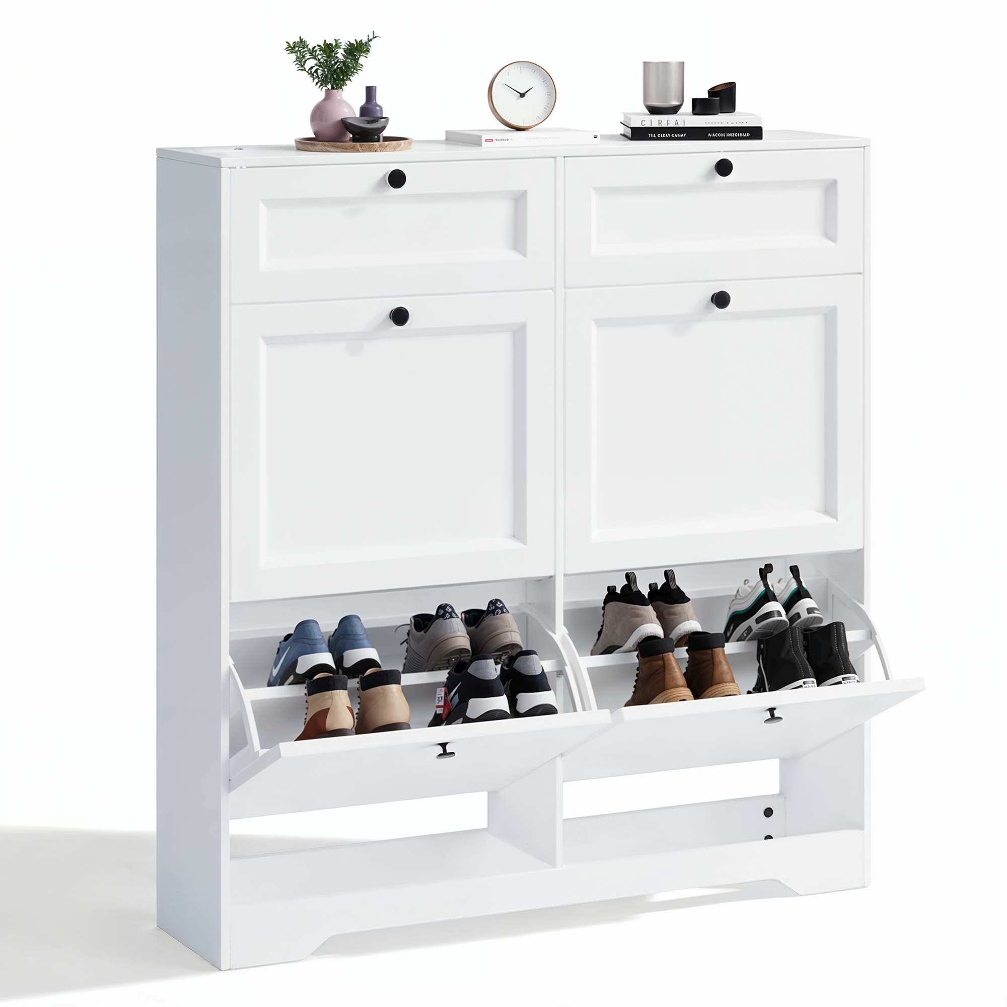 Bealife FS59 Schuhschrank mit 4 Kippfächern & 2 Schubladen, Kippsicherung und Höhenverstellbare Böden