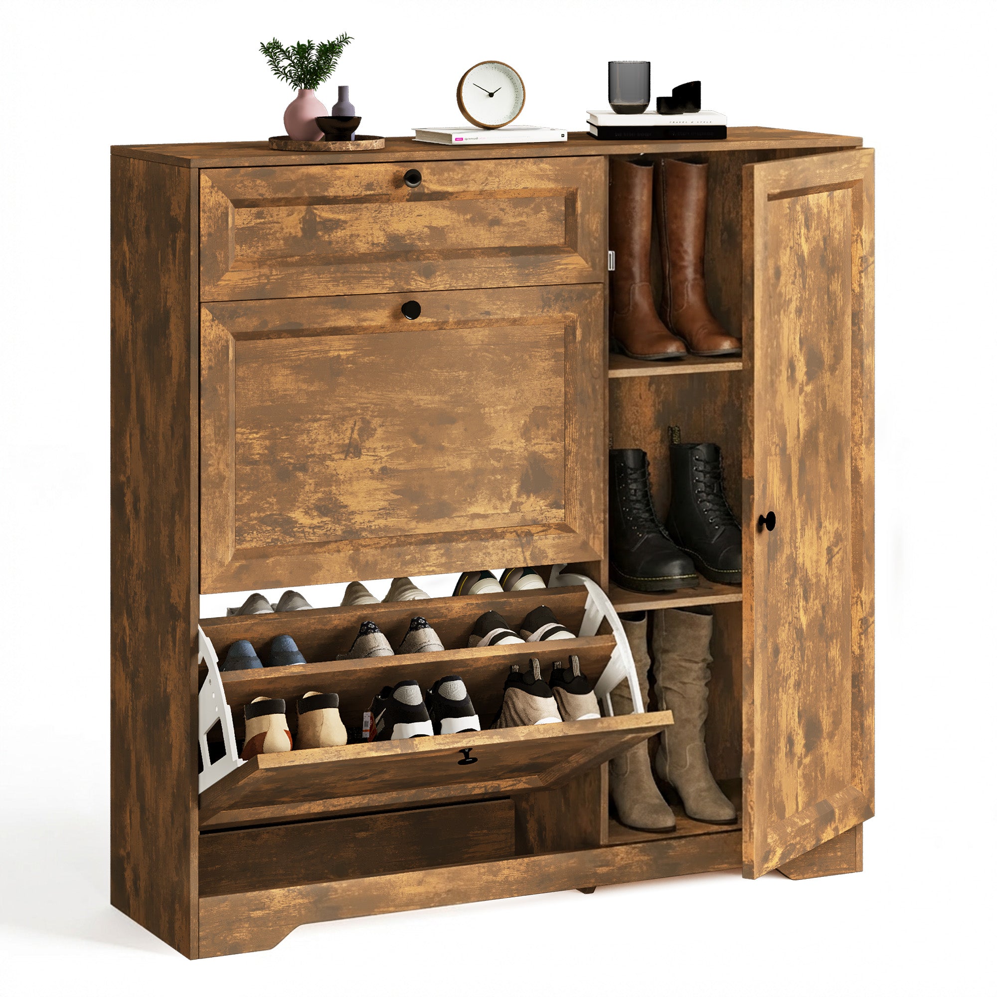 Bealife FS60 3-in-1 Schuhschrank mit 2 Klapptüren und 1 doppelstöckiger verstellbarer Schrank