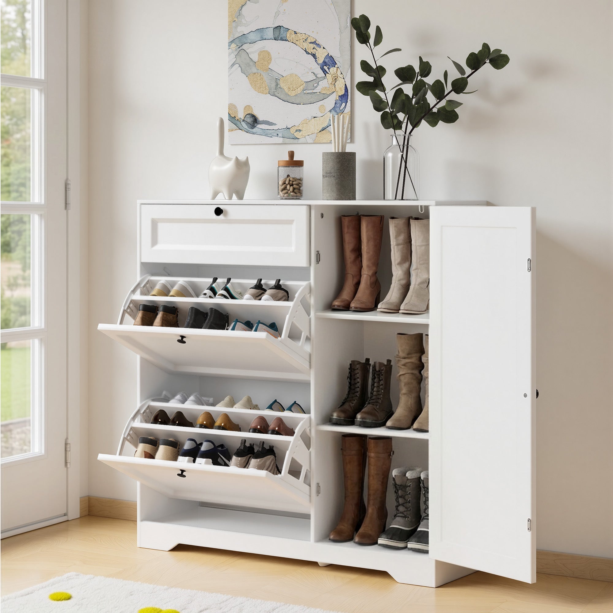 Bealife FS60 3-in-1 Schuhschrank mit 2 Klapptüren und 1 doppelstöckiger verstellbarer Schrank