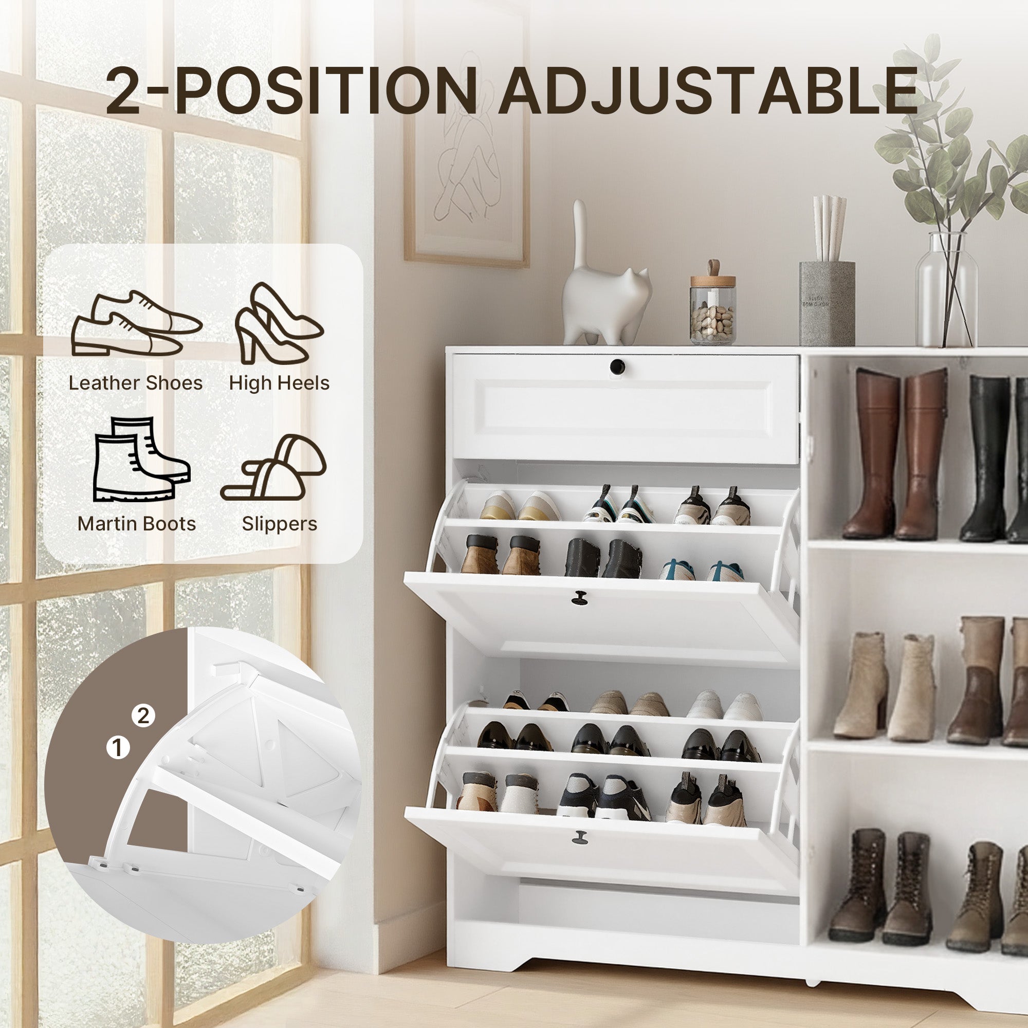 Bealife FS60 3-in-1 Schuhschrank mit 2 Klapptüren und 1 doppelstöckiger verstellbarer Schrank