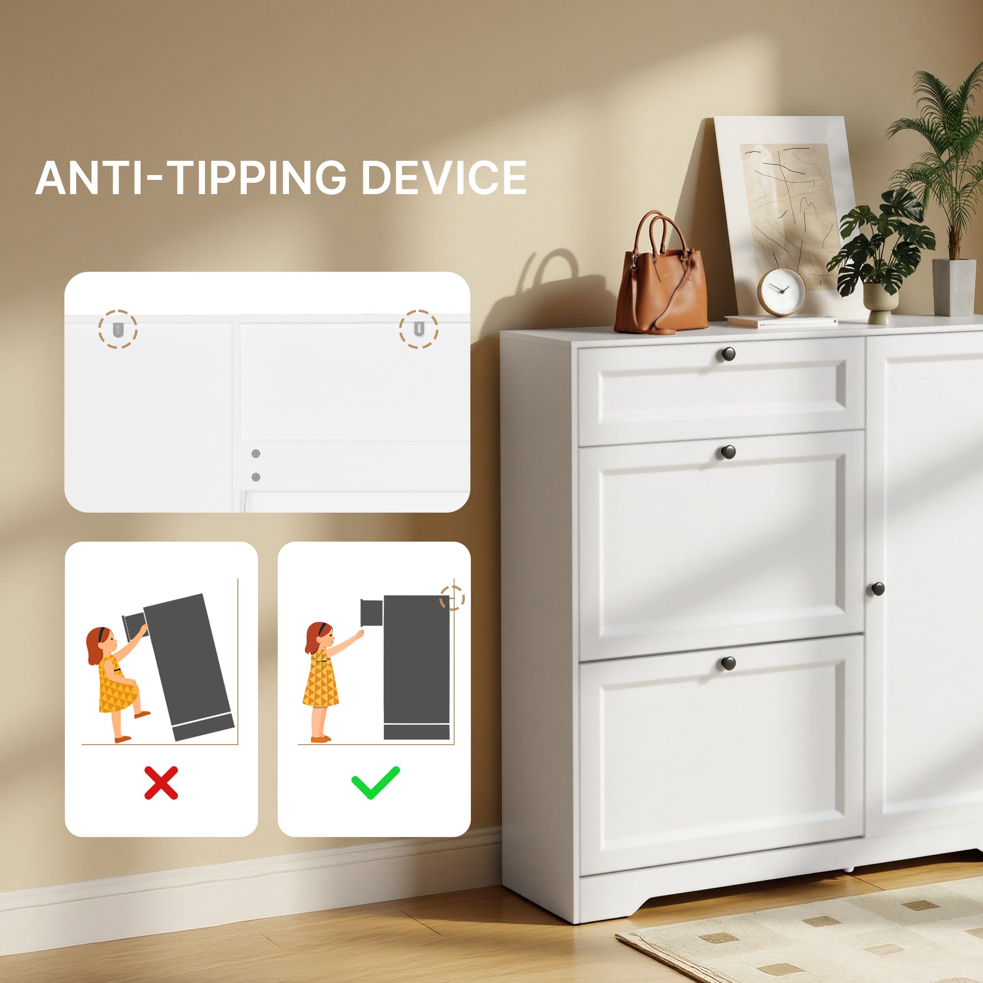 Bealife FS60 3-in-1 Schuhschrank mit 2 Klapptüren und 1 doppelstöckiger verstellbarer Schrank