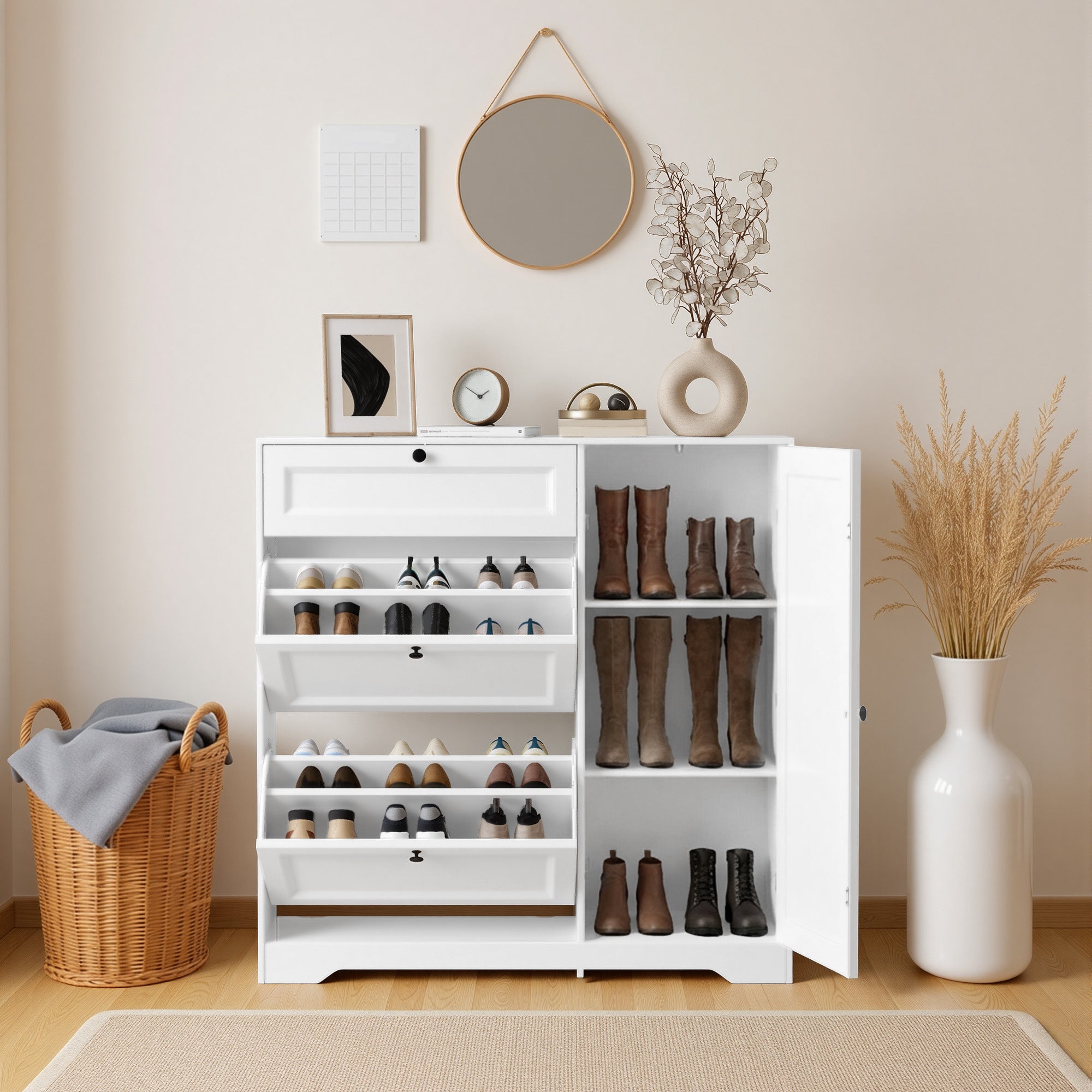 Bealife FS60 3-in-1 Schuhschrank mit 2 Klapptüren und 1 doppelstöckiger verstellbarer Schrank