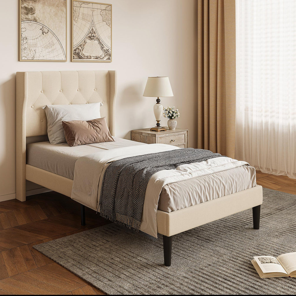 Bealife AF14 Polsterbett Einzelbett 90x200 cm, Modernes Stoffbett mit Wingback-Kopfteil & Lattenrost