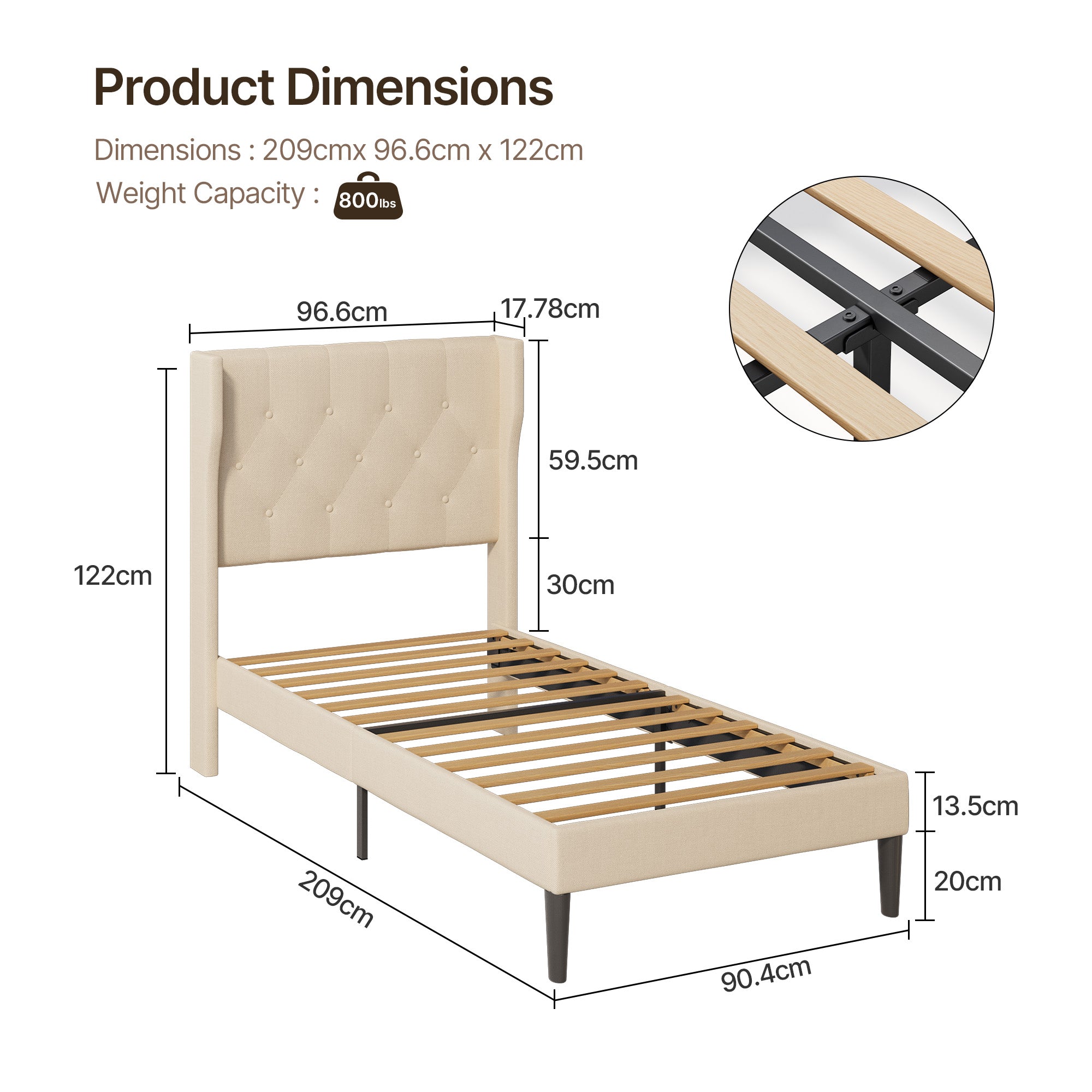 Bealife AF14 Polsterbett Einzelbett 90x200 cm, Modernes Stoffbett mit Wingback-Kopfteil & Lattenrost