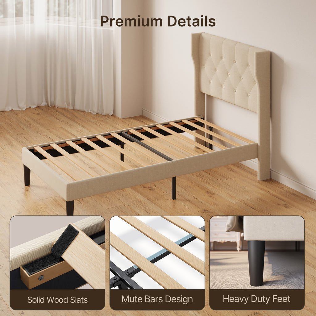 Bealife AF14 Polsterbett Einzelbett 90x200 cm, Modernes Stoffbett mit Wingback-Kopfteil & Lattenrost
