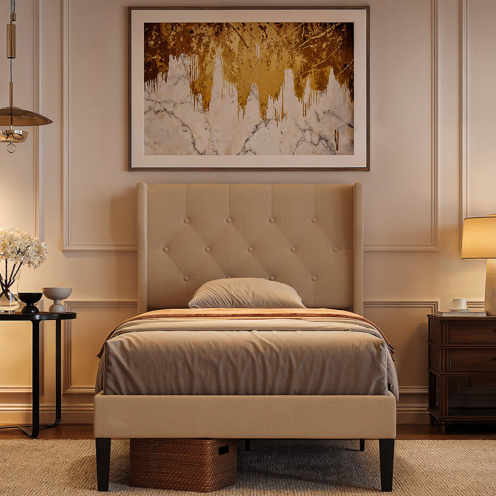 Bealife AF14 Polsterbett Einzelbett 90x200 cm, Modernes Stoffbett mit Wingback-Kopfteil & Lattenrost