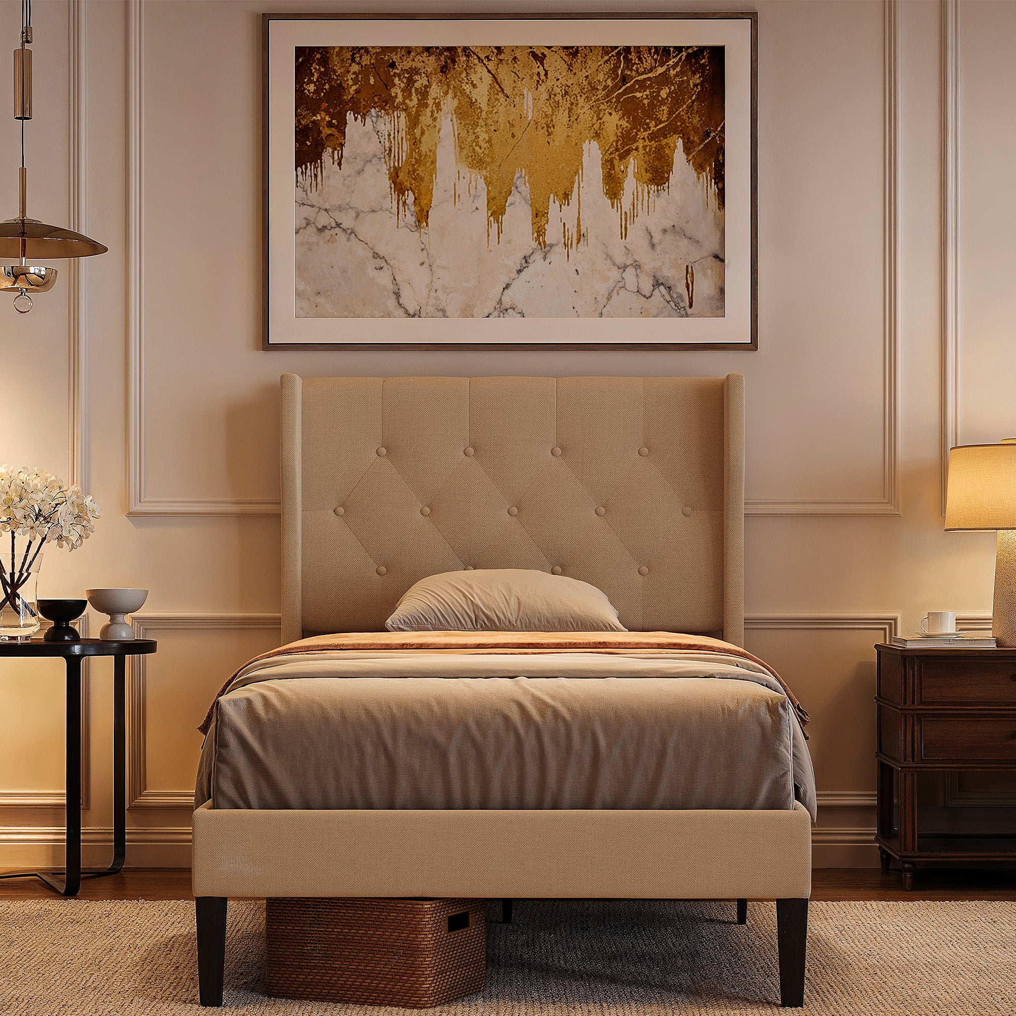Bealife AF14 Polsterbett Einzelbett 90x200 cm, Modernes Stoffbett mit Wingback-Kopfteil & Lattenrost