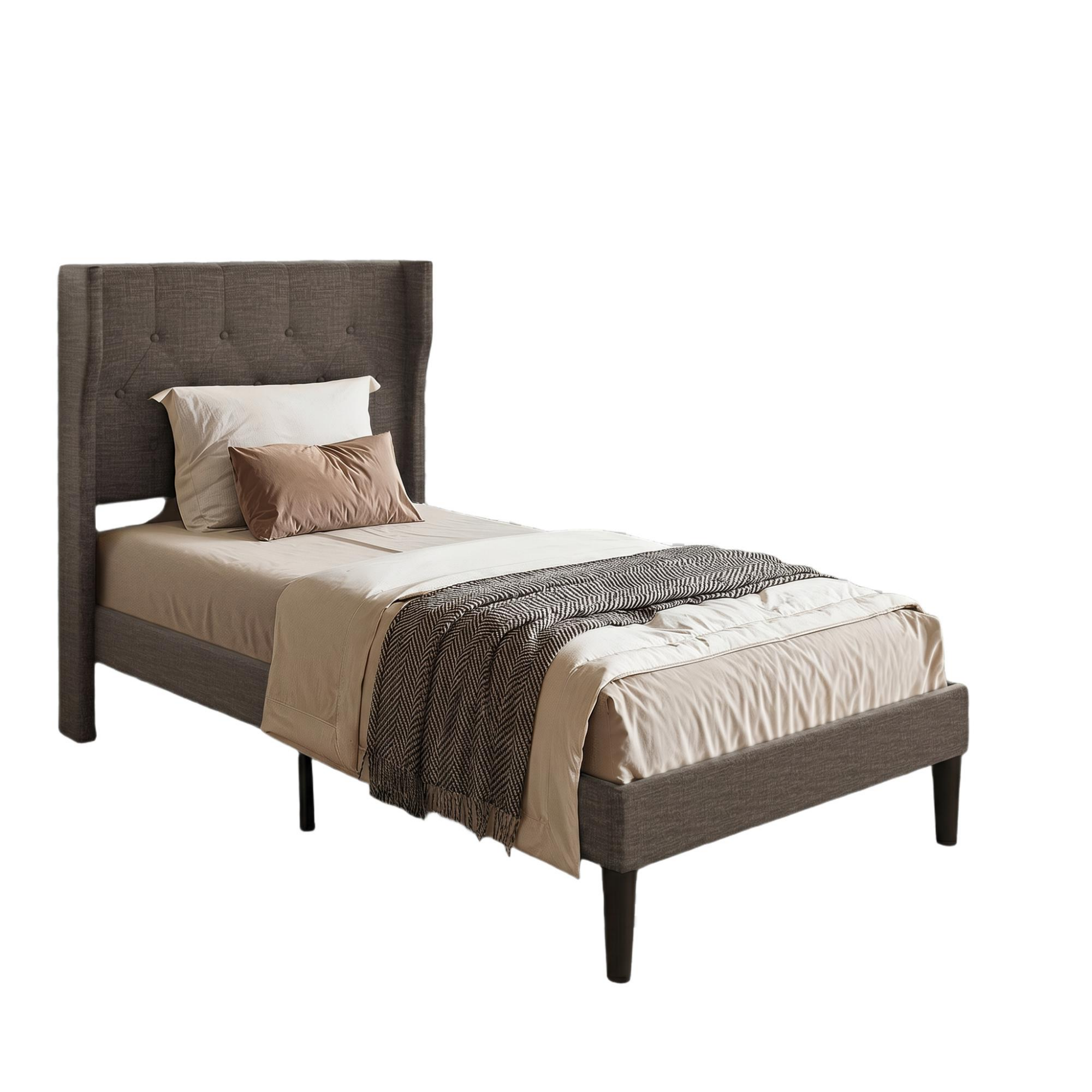 Bealife AF14 Polsterbett Einzelbett 90x200 cm, Modernes Stoffbett mit Wingback-Kopfteil & Lattenrost