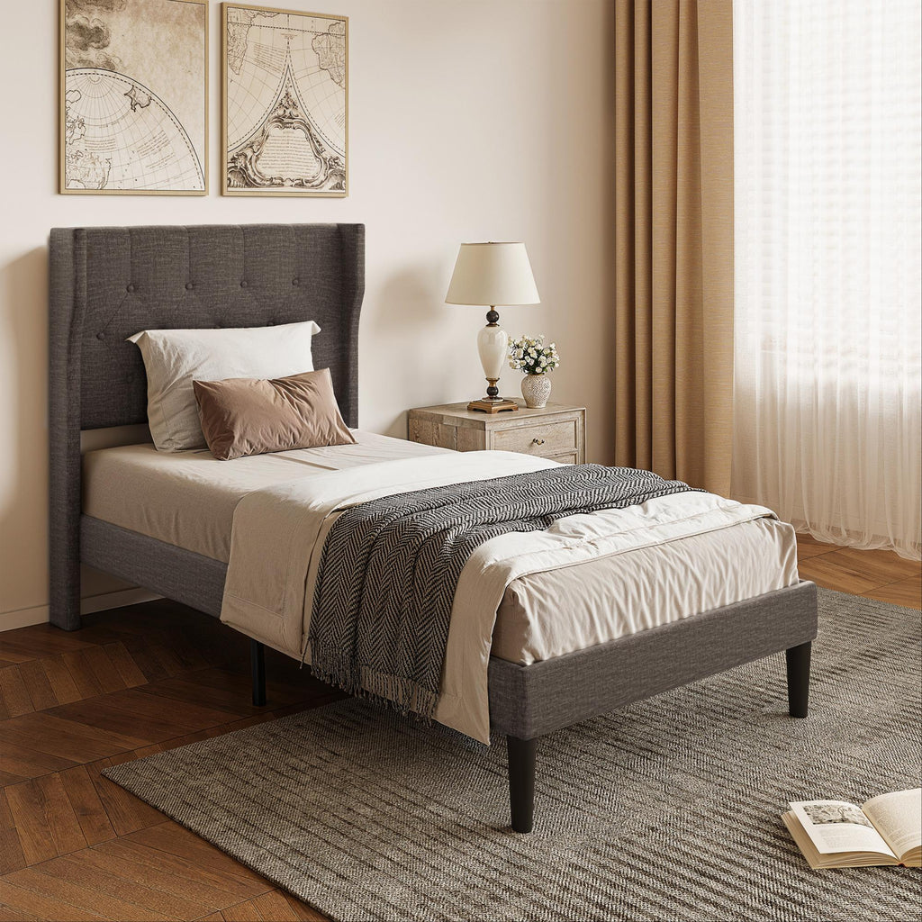 Bealife AF14 Polsterbett Einzelbett 90x200 cm, Modernes Stoffbett mit Wingback-Kopfteil & Lattenrost