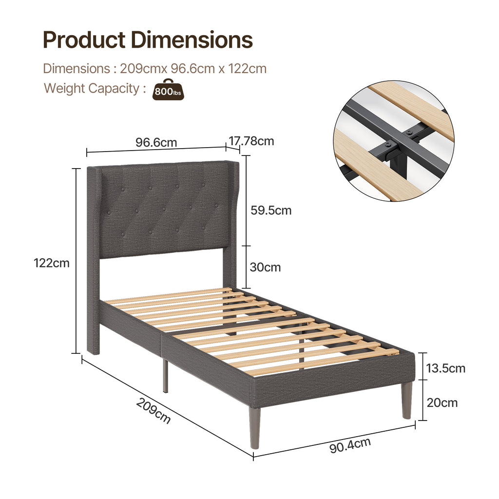 Bealife AF14 Polsterbett Einzelbett 90x200 cm, Modernes Stoffbett mit Wingback-Kopfteil & Lattenrost