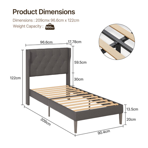 Bealife AF14 Polsterbett Einzelbett 90x200 cm, Modernes Stoffbett mit Wingback-Kopfteil & Lattenrost