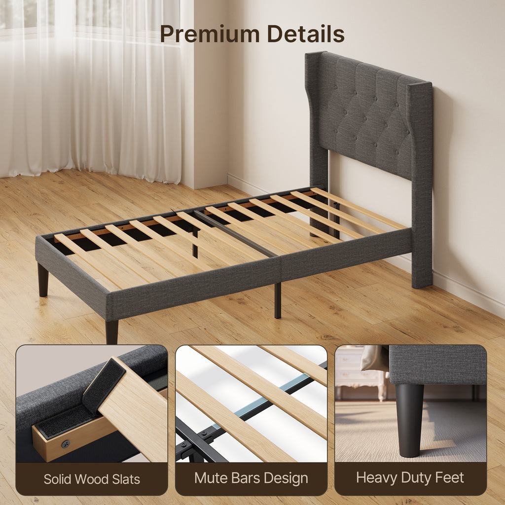 Bealife AF14 Polsterbett Einzelbett 90x200 cm, Modernes Stoffbett mit Wingback-Kopfteil & Lattenrost