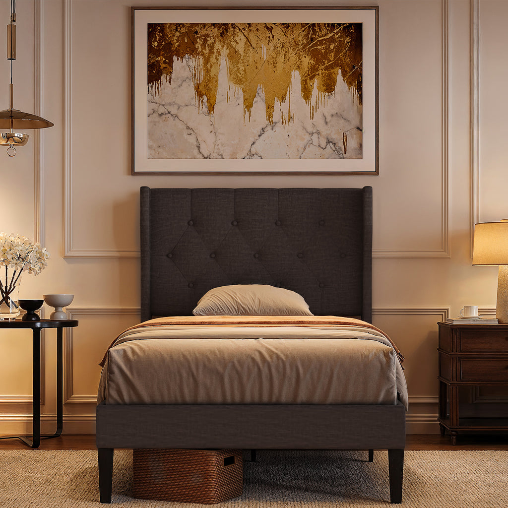 Bealife AF14 Polsterbett Einzelbett 90x200 cm, Modernes Stoffbett mit Wingback-Kopfteil & Lattenrost