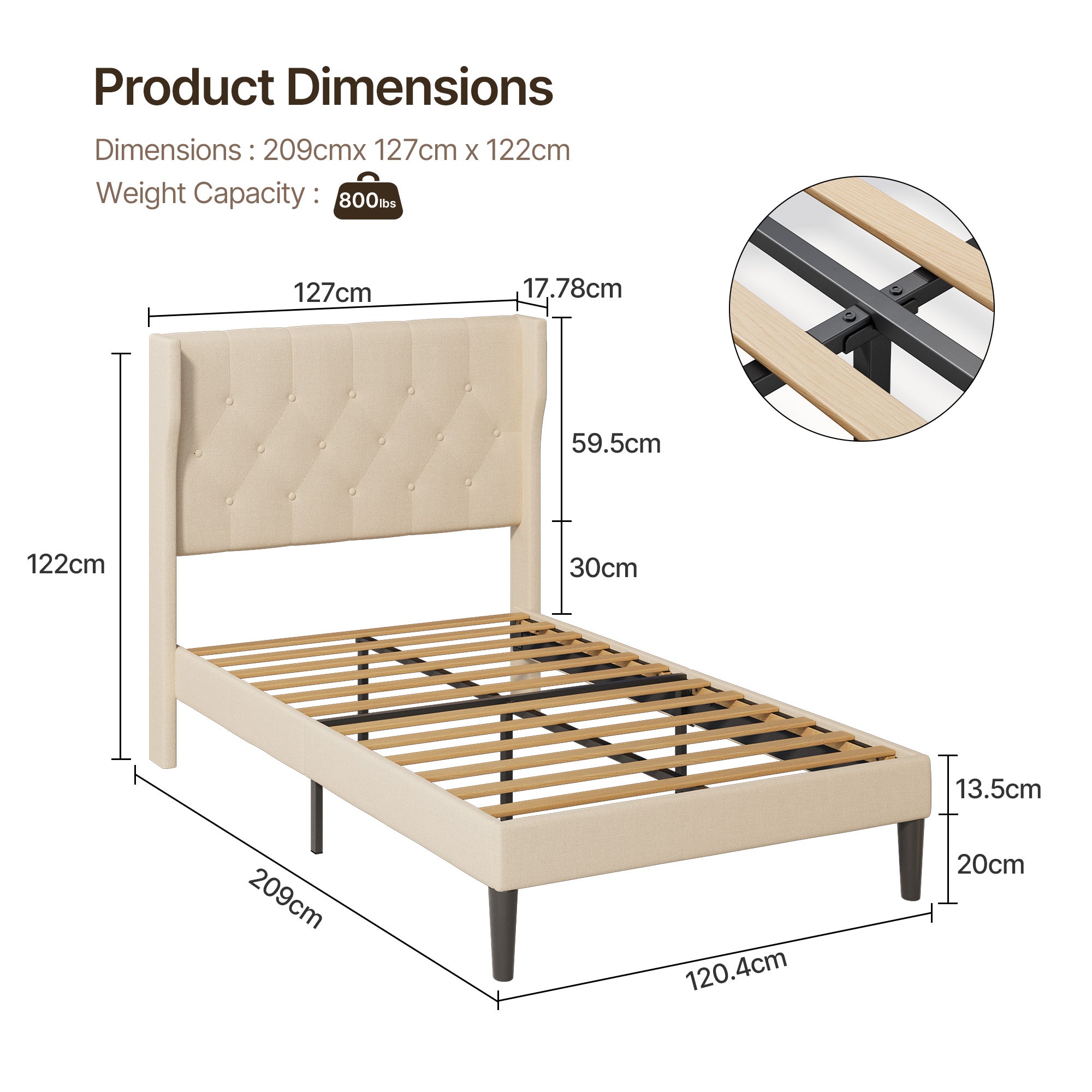Bealife AF15 Komfort Einzelbett 120x200 cm, Polsterbett mit Wingback-Kopfteil und stabilem Lattenrost