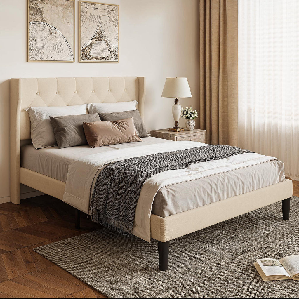 Bealife AF16 Gepolstertes Französisches Bett 140×200 cm, Zwischengröß Einzelbett mit Wingback-Kopfteil & Lattenrost