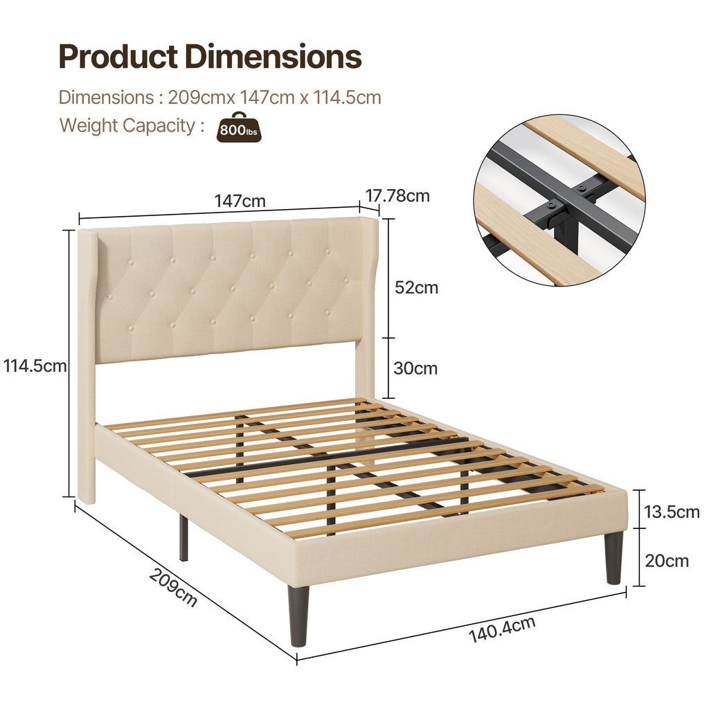 Bealife AF16 Gepolstertes Französisches Bett 140×200 cm, Zwischengröß Einzelbett mit Wingback-Kopfteil & Lattenrost