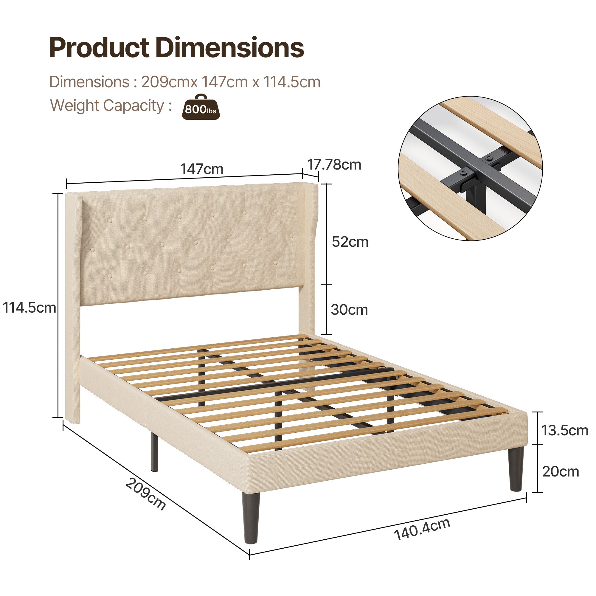 Bealife AF16 Gepolstertes Französisches Bett 140×200 cm, Zwischengröß Einzelbett mit Wingback-Kopfteil & Lattenrost