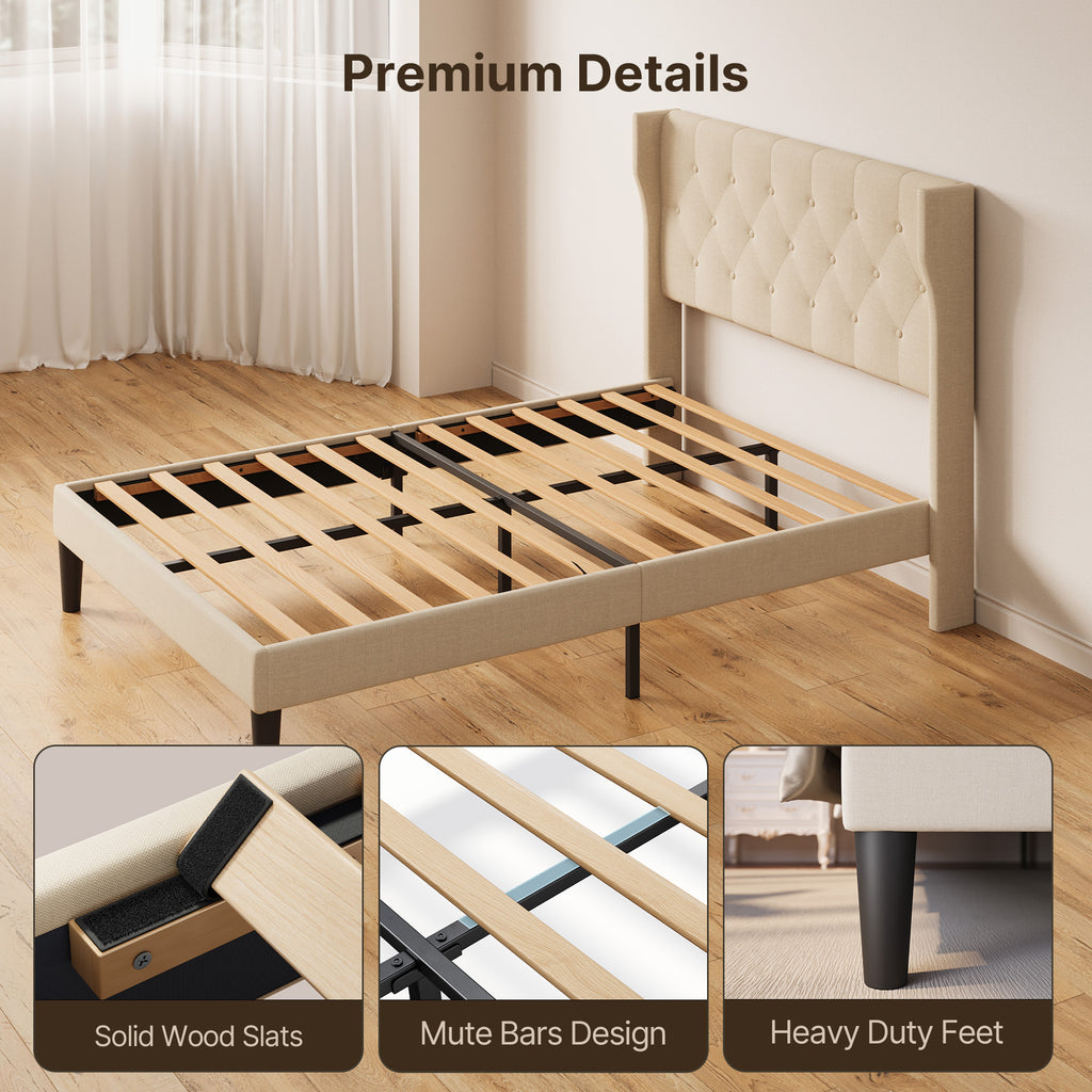 Bealife AF16 Gepolstertes Französisches Bett 140×200 cm, Zwischengröß Einzelbett mit Wingback-Kopfteil & Lattenrost
