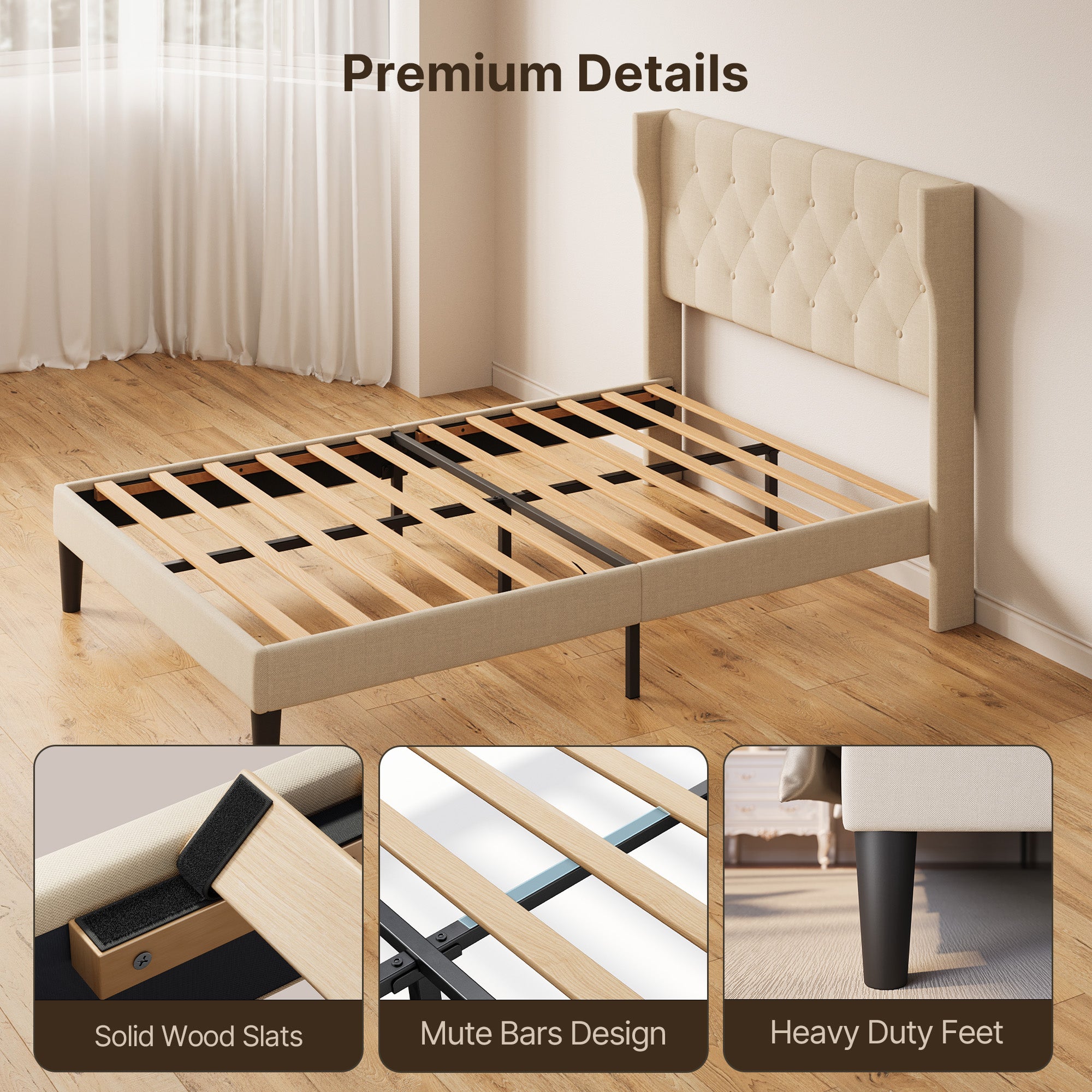 Bealife AF16 Gepolstertes Französisches Bett 140×200 cm, Zwischengröß Einzelbett mit Wingback-Kopfteil & Lattenrost