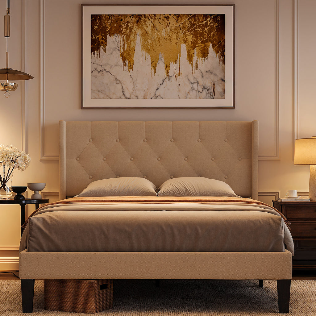 Bealife AF16 Gepolstertes Französisches Bett 140×200 cm, Zwischengröß Einzelbett mit Wingback-Kopfteil & Lattenrost