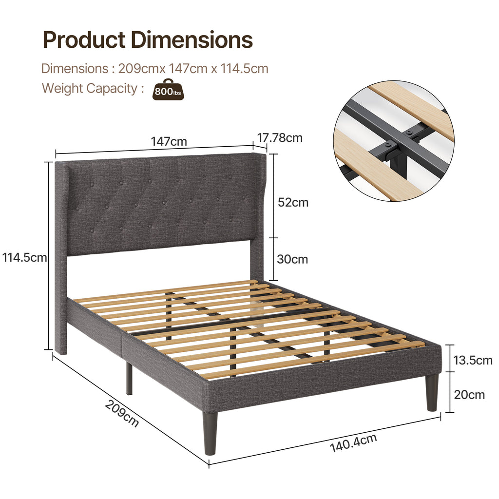 Bealife AF16 Gepolstertes Französisches Bett 140×200 cm, Zwischengröß Einzelbett mit Wingback-Kopfteil & Lattenrost