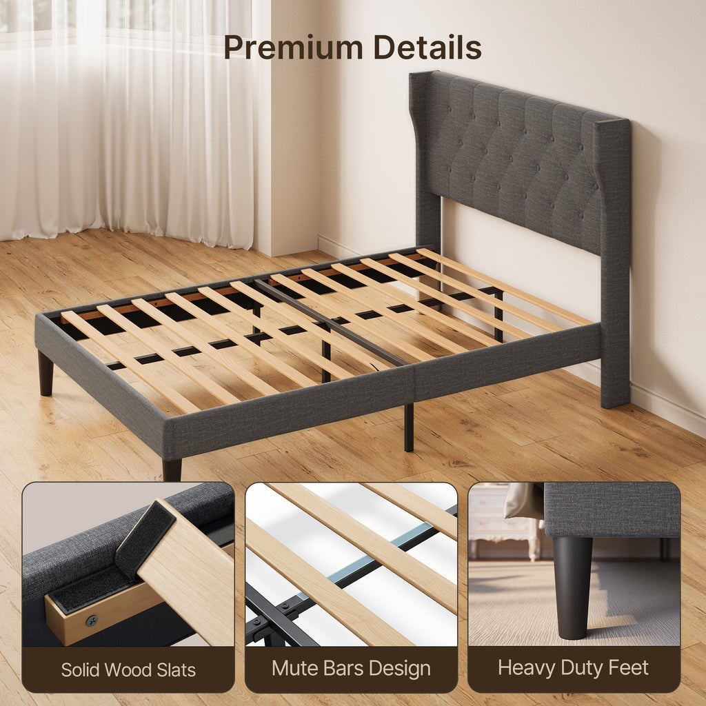 Bealife AF16 Gepolstertes Französisches Bett 140×200 cm, Zwischengröß Einzelbett mit Wingback-Kopfteil & Lattenrost