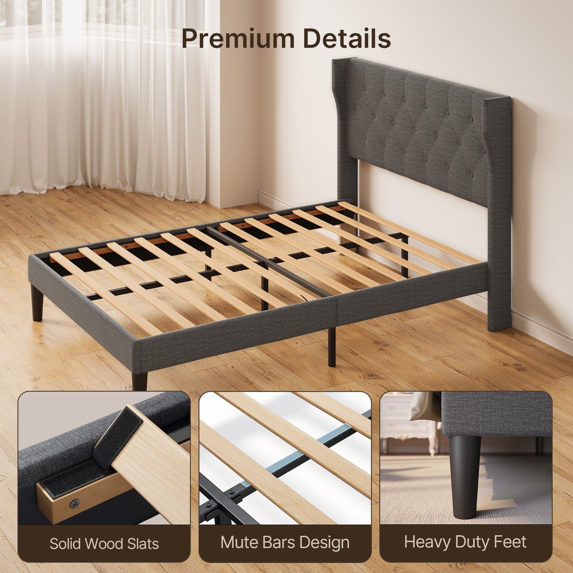 Bealife AF16 Gepolstertes Französisches Bett 140×200 cm, Zwischengröß Einzelbett mit Wingback-Kopfteil & Lattenrost