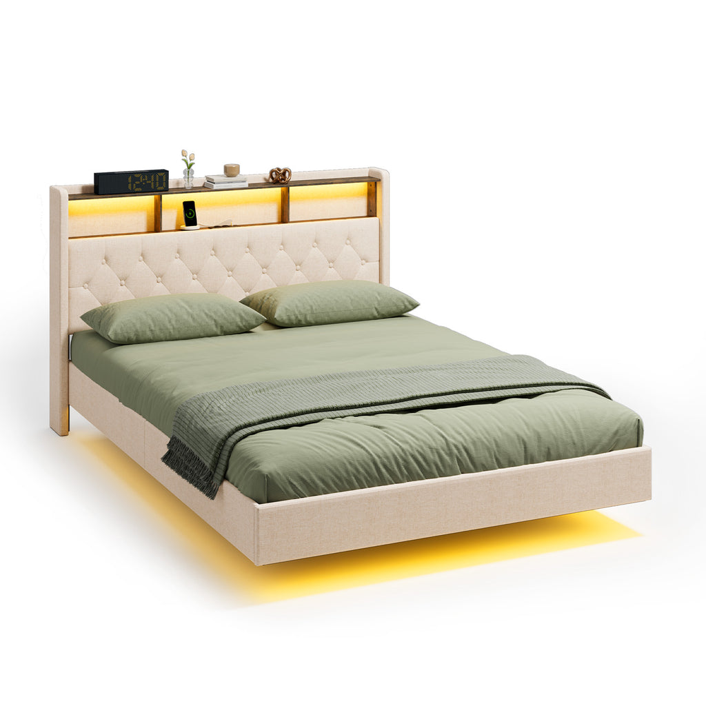 Bealife AF19 Gepolstertes Französisches Doppelbett 140×200 cm, LED-Beleuchtung Metall Bettgestell und Kopfteil mit Stauraum