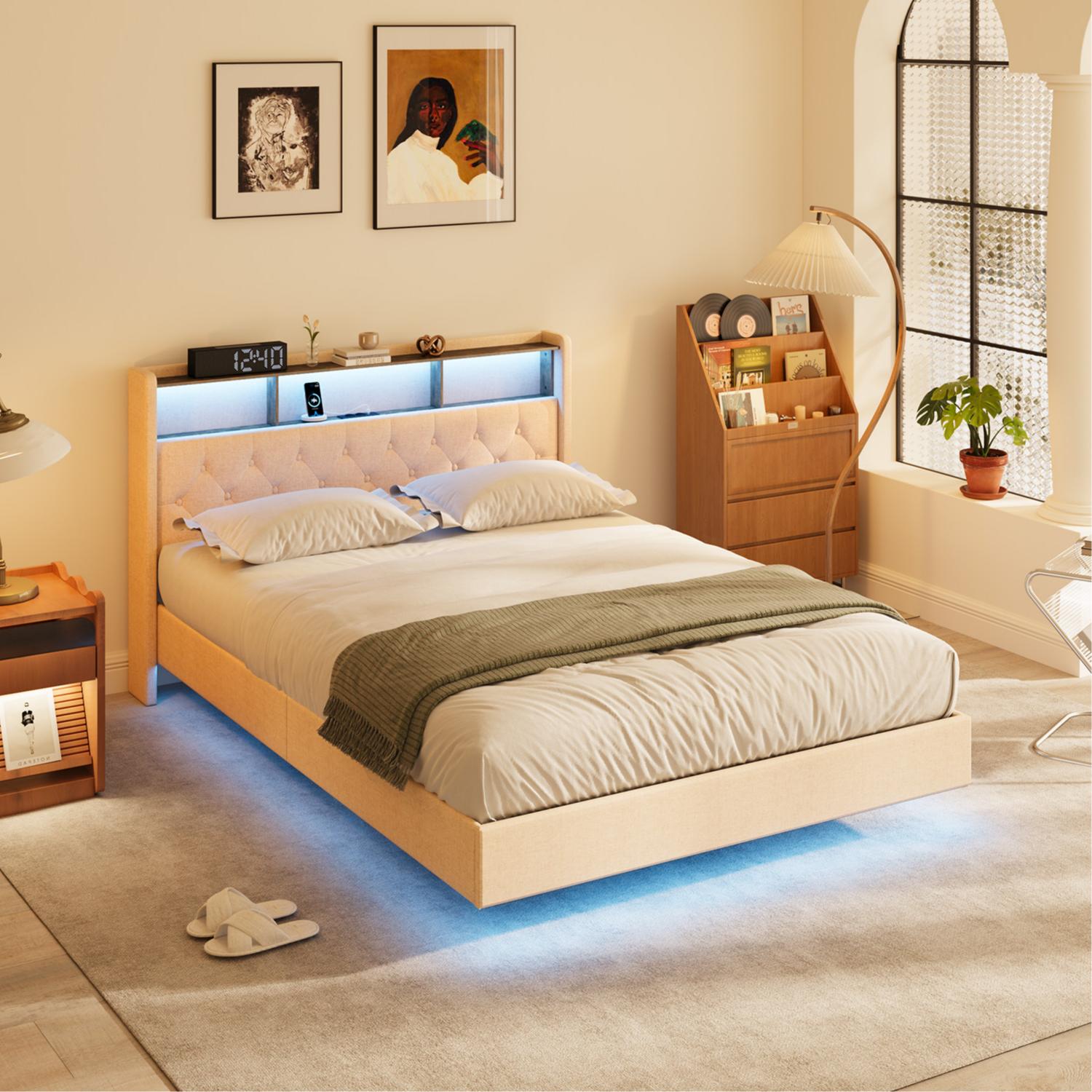 Bealife AF19 Gepolstertes Französisches Doppelbett 140×200 cm, LED-Beleuchtung Metall Bettgestell und Kopfteil mit Stauraum