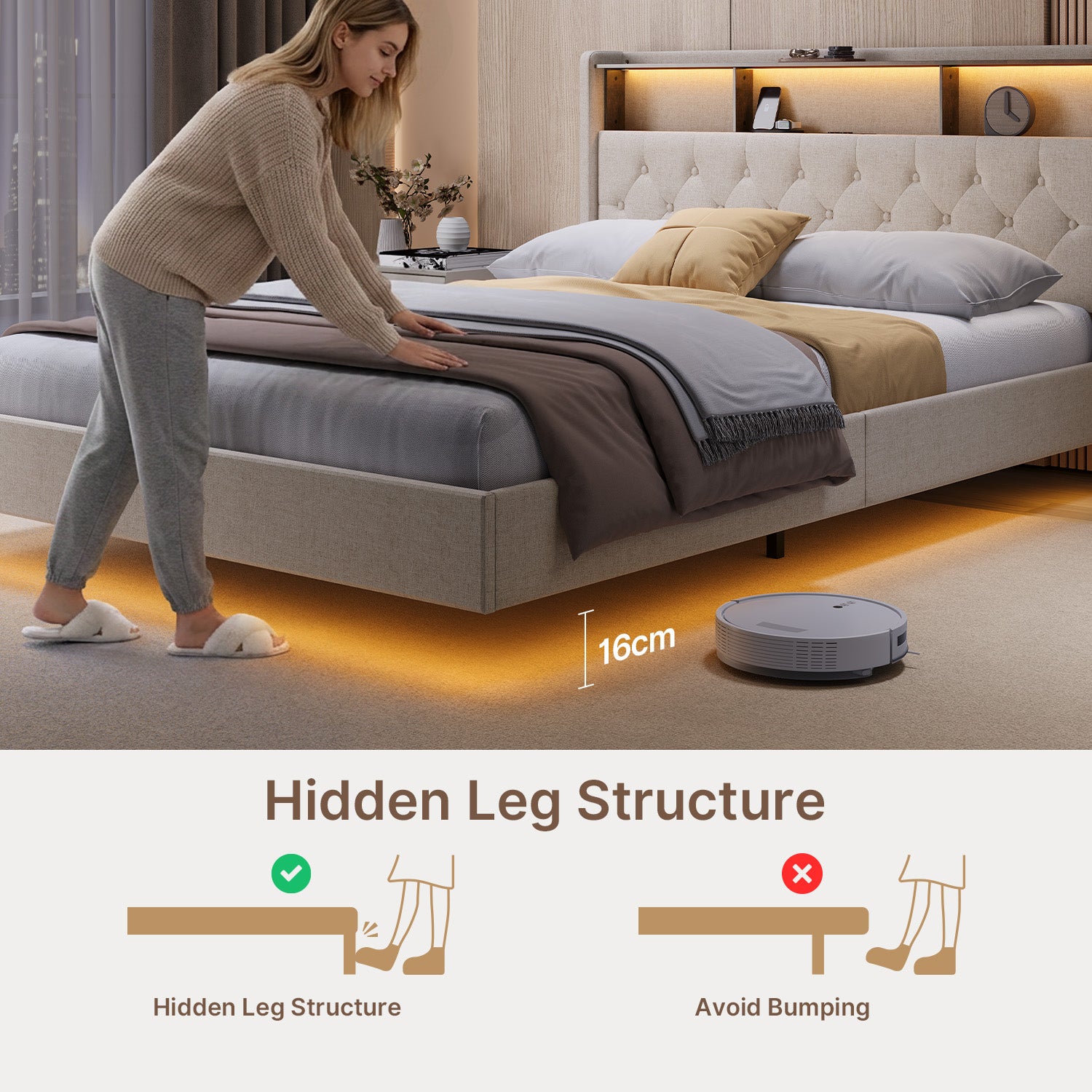 Bealife AF19 Gepolstertes Französisches Doppelbett 140×200 cm, LED-Beleuchtung Metall Bettgestell und Kopfteil mit Stauraum