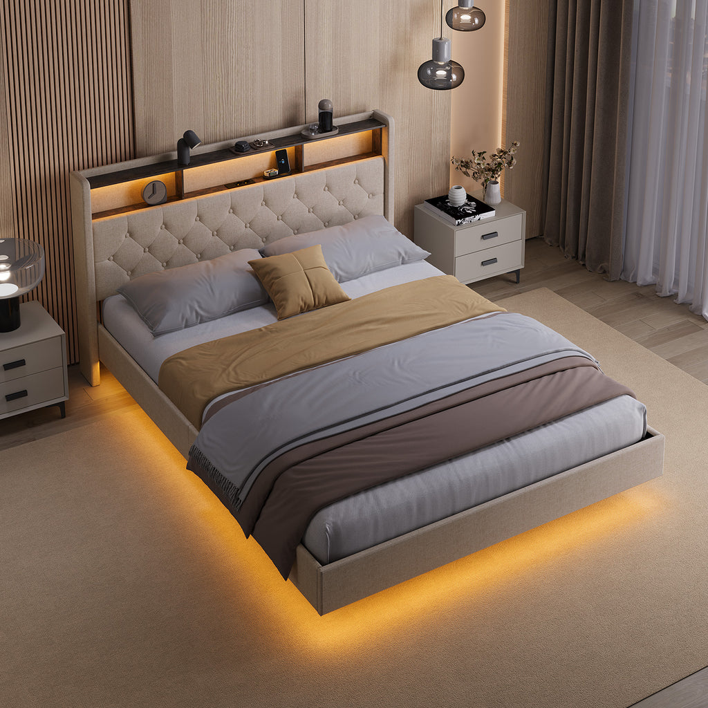 Bealife AF19 Gepolstertes Französisches Doppelbett 140×200 cm, LED-Beleuchtung Metall Bettgestell und Kopfteil mit Stauraum