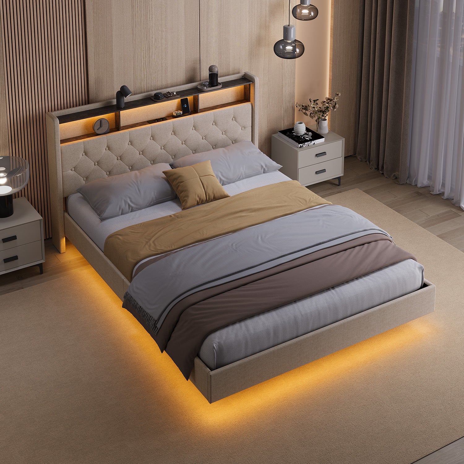 Bealife AF19 Gepolstertes Französisches Doppelbett 140×200 cm, LED-Beleuchtung Metall Bettgestell und Kopfteil mit Stauraum