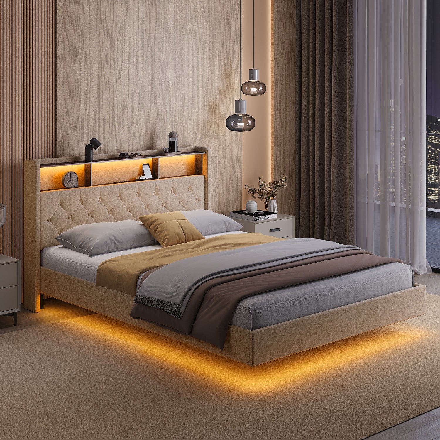 Bealife AF19 Gepolstertes Französisches Doppelbett 140×200 cm, LED-Beleuchtung Metall Bettgestell und Kopfteil mit Stauraum