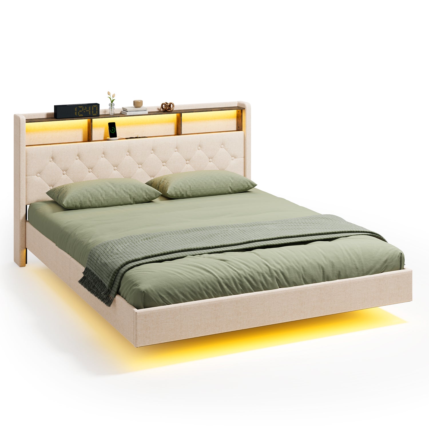 Bealife AF19 Polsterbett 160x200 cm, Queen-size Doppelbett mit Metall-Bettgestell und Kopfteil mit Stauraum