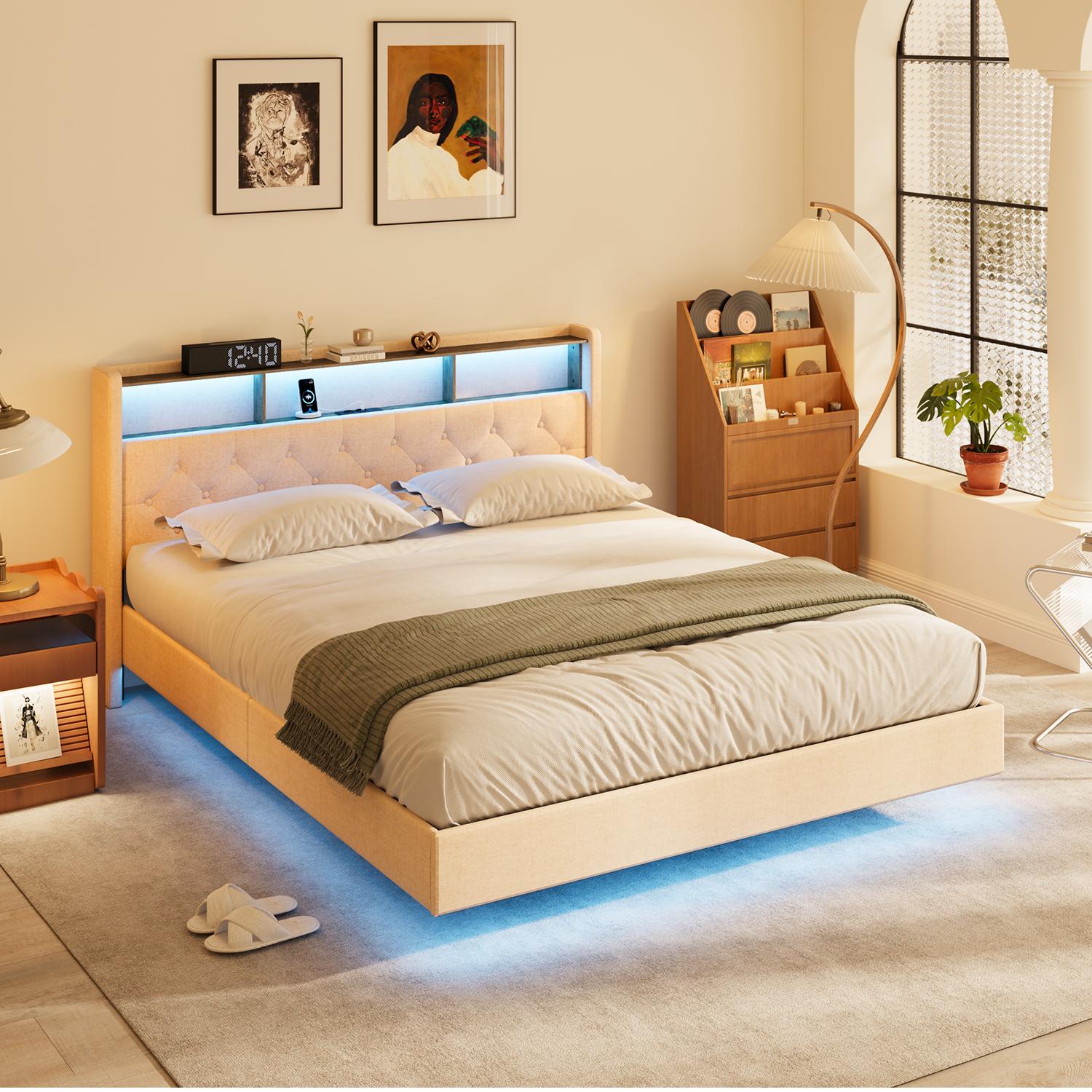 Bealife AF19 Polsterbett 160x200 cm, Queen-size Doppelbett mit Metall-Bettgestell und Kopfteil mit Stauraum