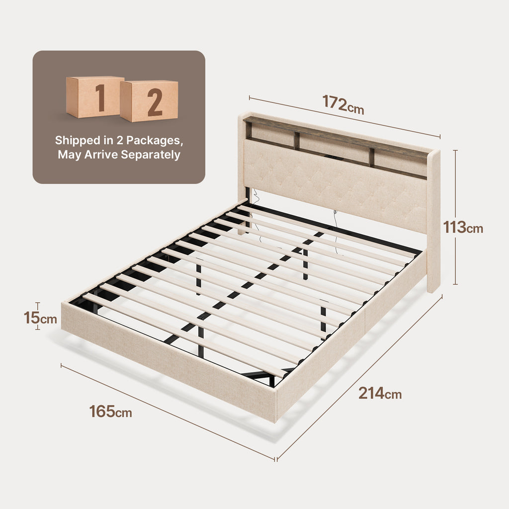 Bealife AF19 Polsterbett 160x200 cm, Queen-size Doppelbett mit Metall-Bettgestell und Kopfteil mit Stauraum