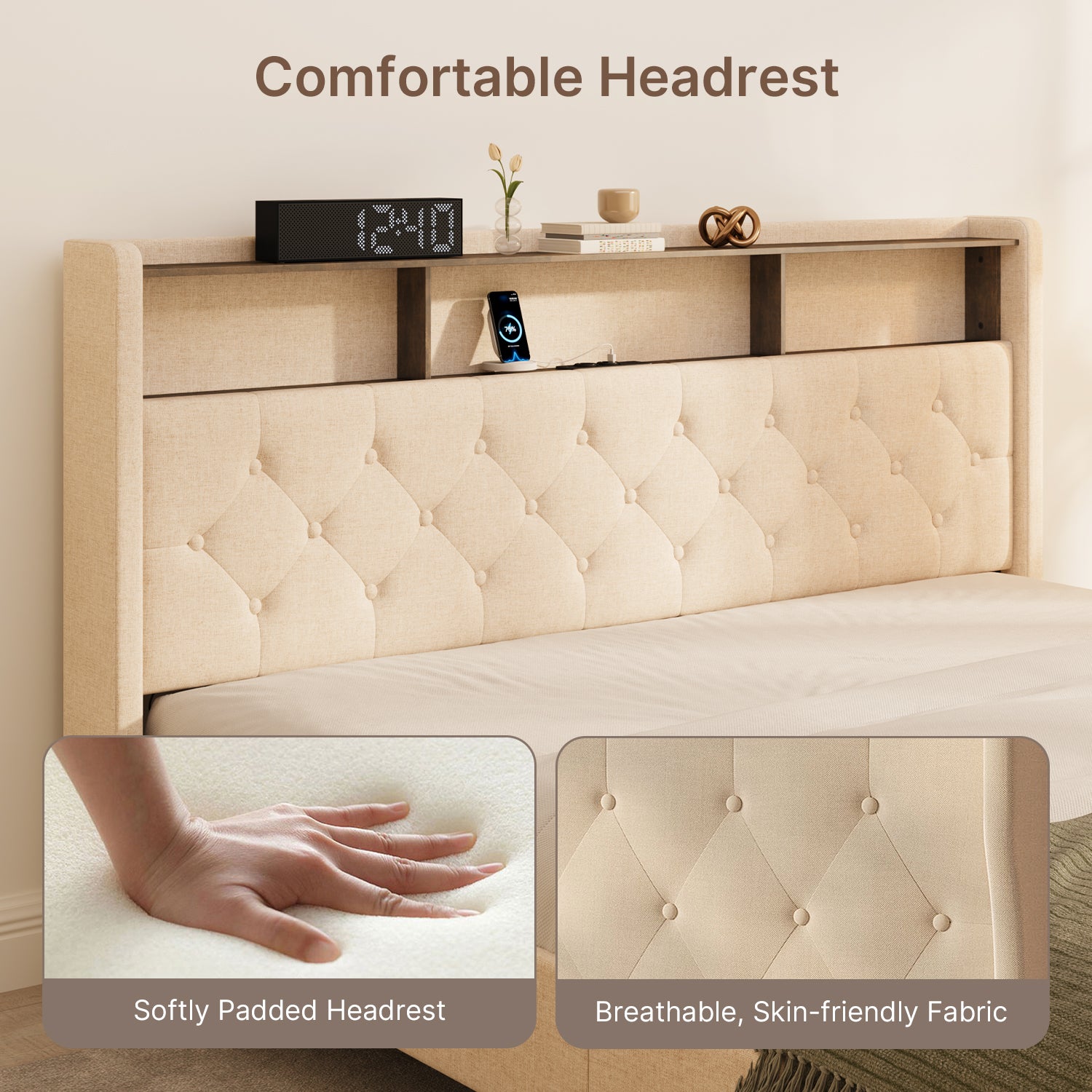 Bealife AF19 Polsterbett 160x200 cm, Queen-size Doppelbett mit Metall-Bettgestell und Kopfteil mit Stauraum