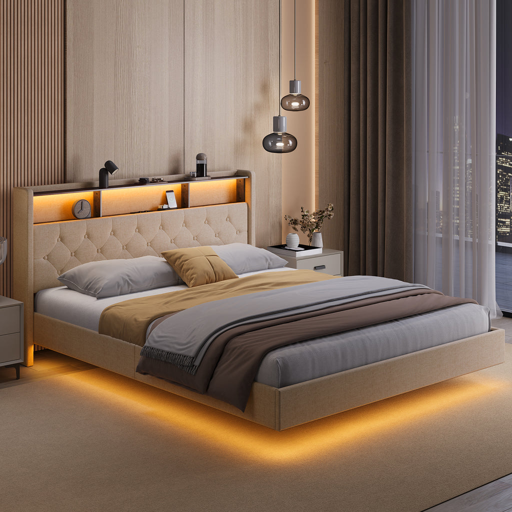 Bealife AF19 Polsterbett 160x200 cm, Queen-size Doppelbett mit Metall-Bettgestell und Kopfteil mit Stauraum