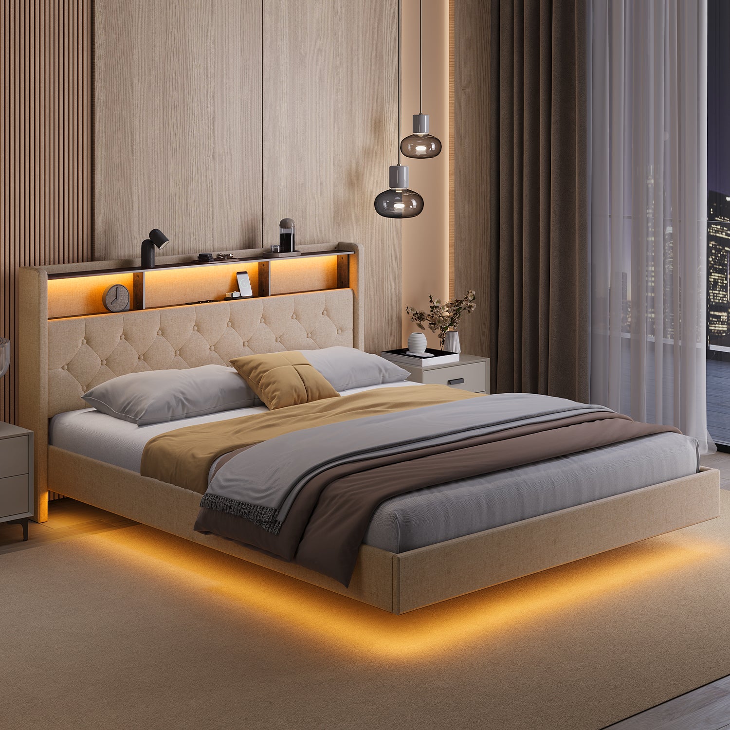 Bealife AF19 Polsterbett 160x200 cm, Queen-size Doppelbett mit Metall-Bettgestell und Kopfteil mit Stauraum
