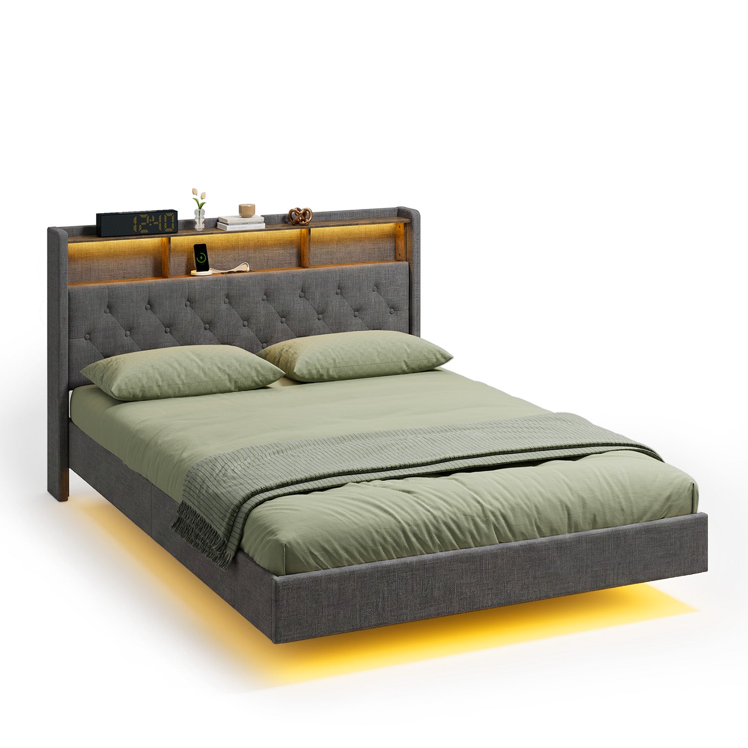 Bealife AF19 Gepolstertes Französisches Doppelbett 140×200 cm, LED-Beleuchtung Metall Bettgestell und Kopfteil mit Stauraum