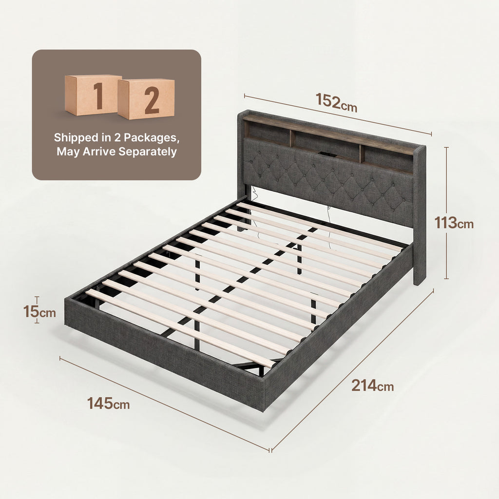 Bealife AF19 Gepolstertes Französisches Doppelbett 140×200 cm, LED-Beleuchtung Metall Bettgestell und Kopfteil mit Stauraum