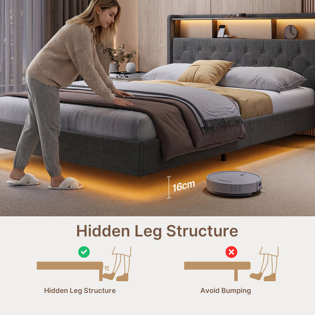 Bealife AF19 Gepolstertes Französisches Doppelbett 140×200 cm, LED-Beleuchtung Metall Bettgestell und Kopfteil mit Stauraum