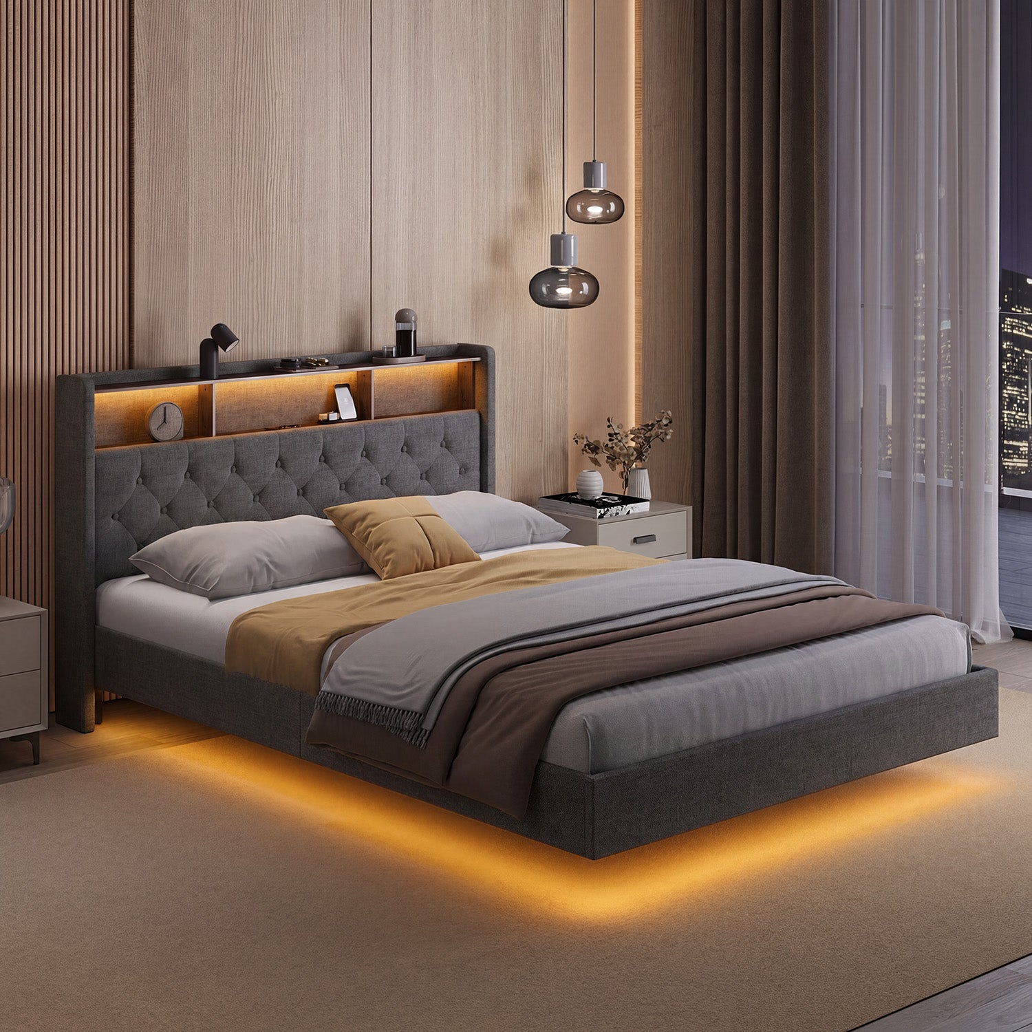 Bealife AF19 Gepolstertes Französisches Doppelbett 140×200 cm, LED-Beleuchtung Metall Bettgestell und Kopfteil mit Stauraum