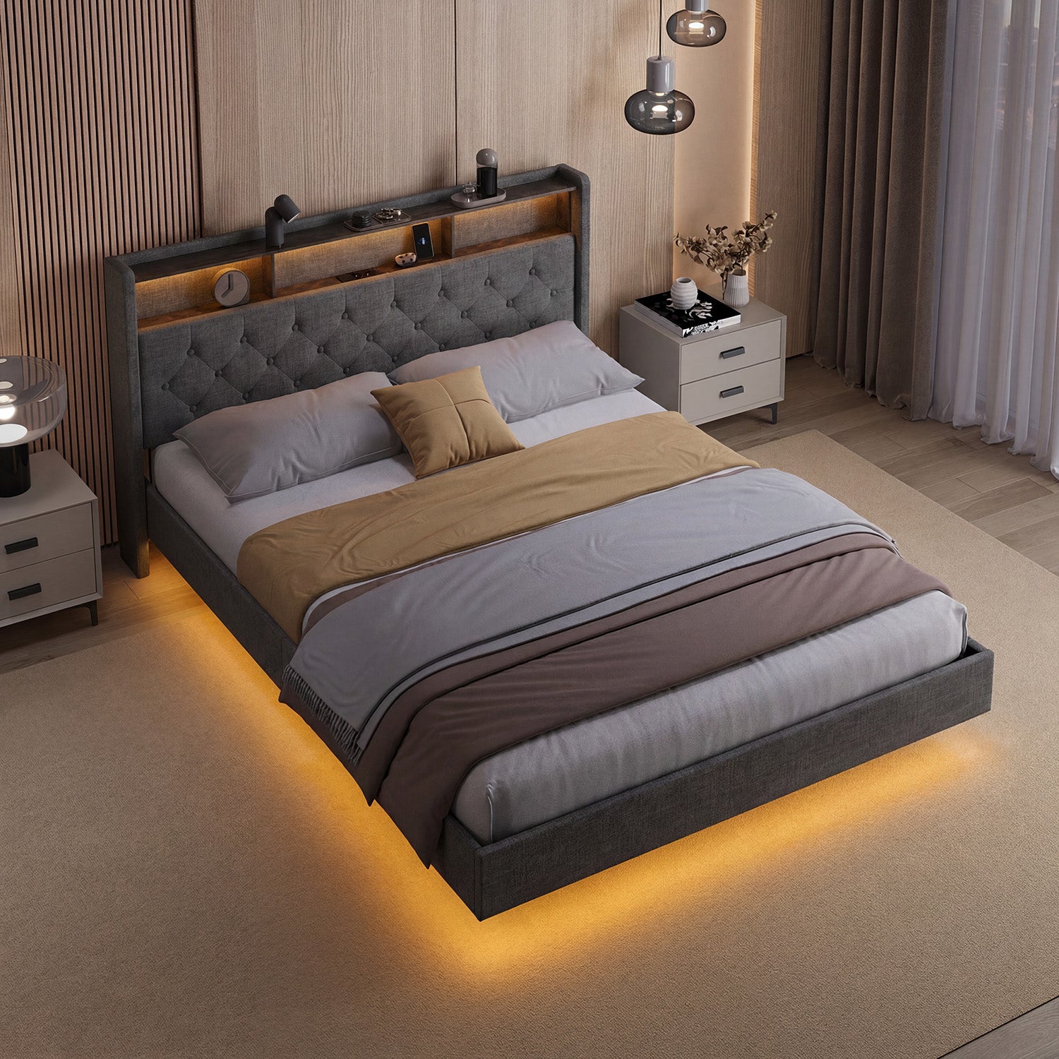 Bealife AF19 Gepolstertes Französisches Doppelbett 140×200 cm, LED-Beleuchtung Metall Bettgestell und Kopfteil mit Stauraum
